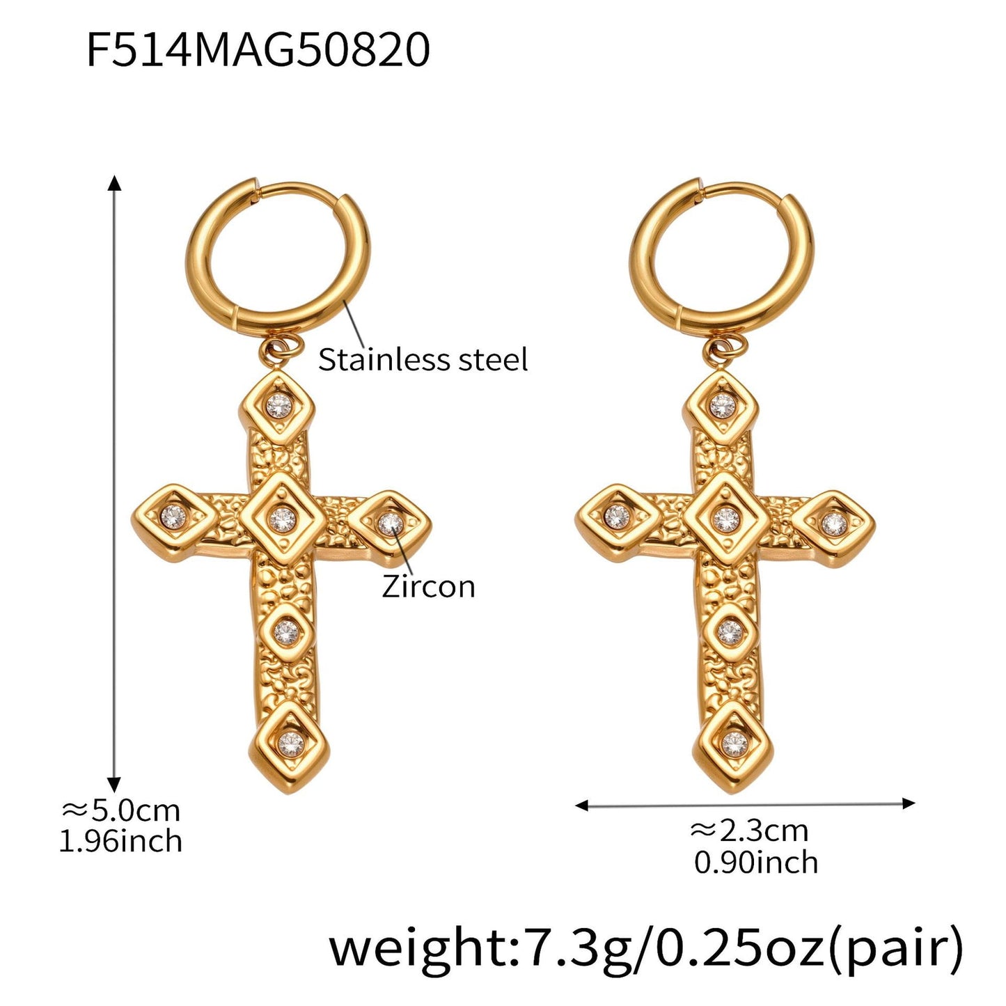 Pendientes de circonita microincrustada con cruz texturizada retro