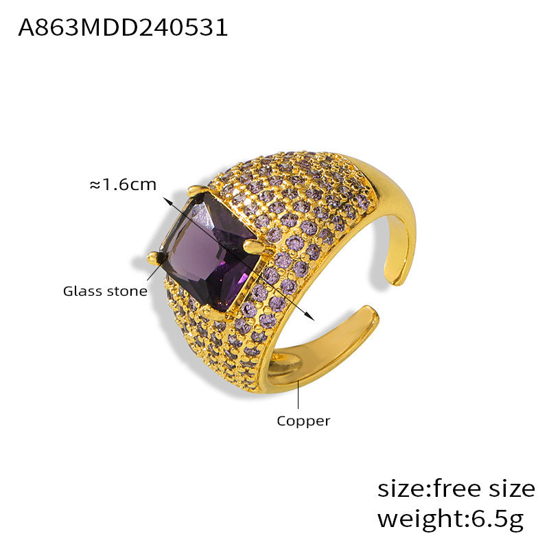 Anillo abierto ajustable estilo INS Anillo de circonita color oro de 18 quilates bañado en cobre