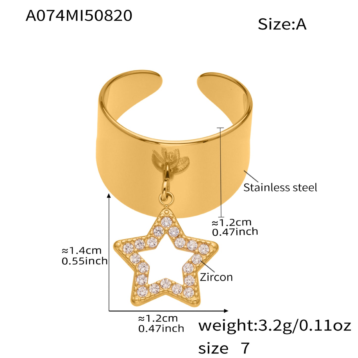 Anillo abierto con colgante de estrella de circonio brillante y completo de acero inoxidable
