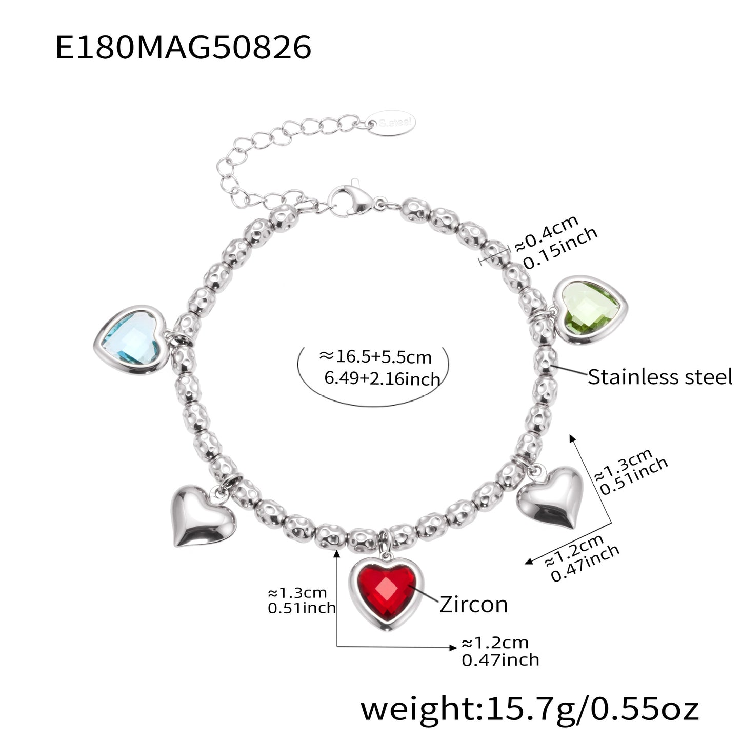 Pulsera de acero inoxidable con dijes de corazón vintage