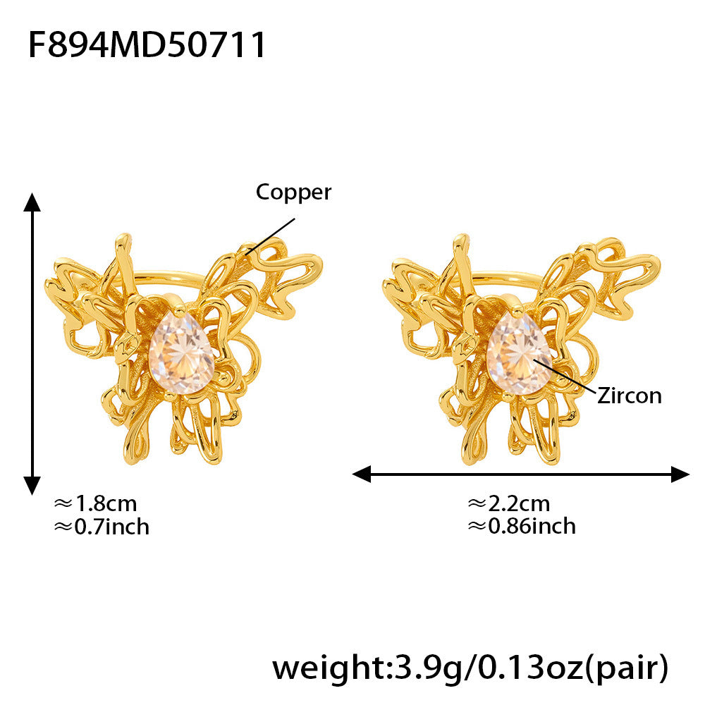 Clip para oreja de mariposa con circonita 5A, cobre chapado en oro de 18 quilates
