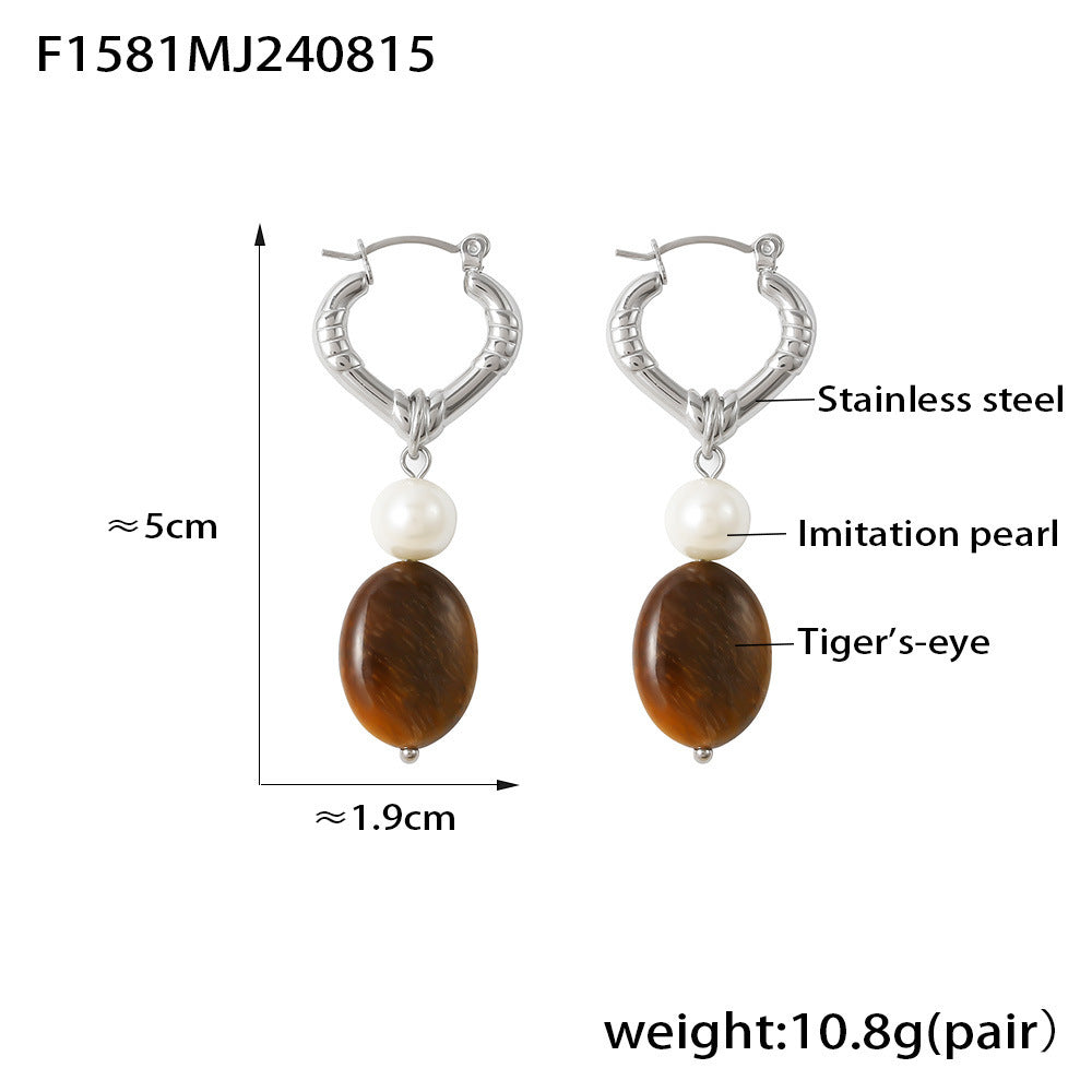 Pendientes de acero inoxidable con borla de corazón, perla de imitación, piedra de ojo de tigre