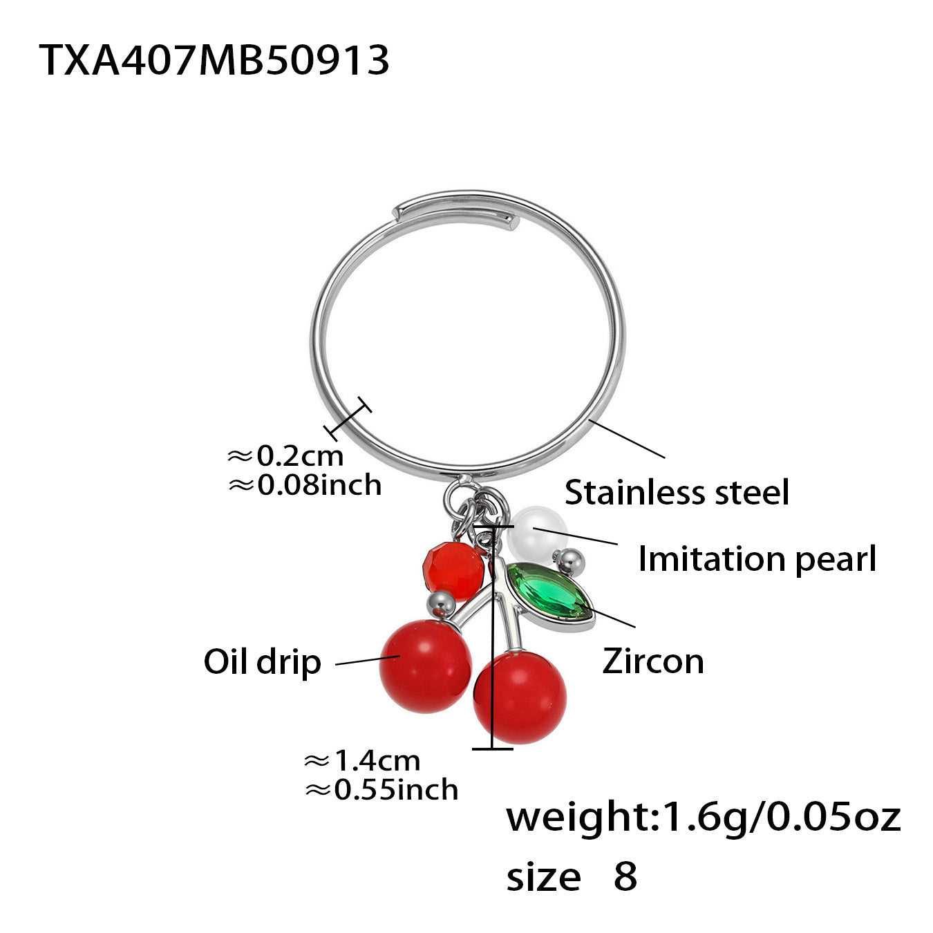 Anillos de acero inoxidable con cereza roja y incrustaciones de circonitas.