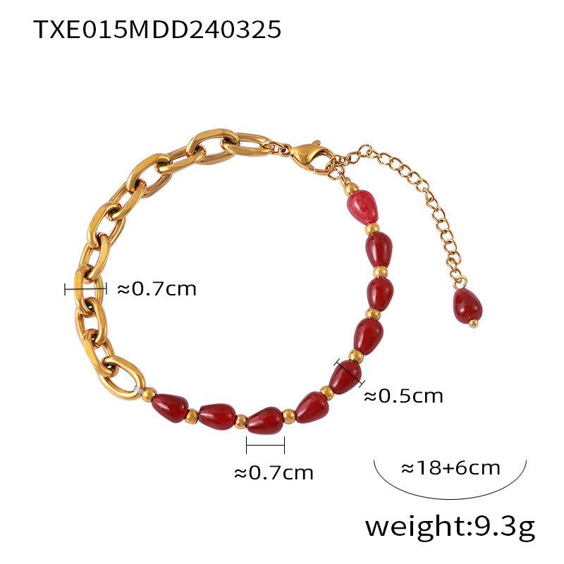 Pulsera de cuentas de ágata roja y granate hecha a mano en color dorado