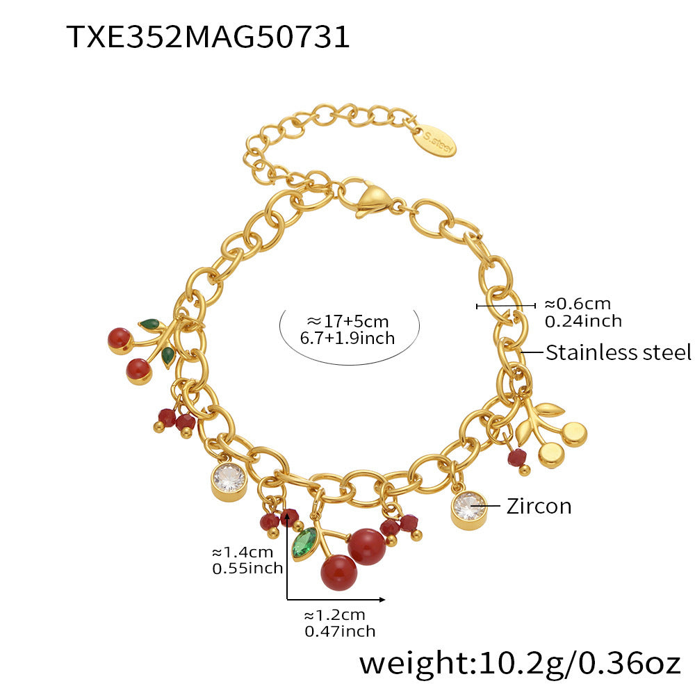 Pulsera de acero inoxidable con circonitas rojas y cerezas