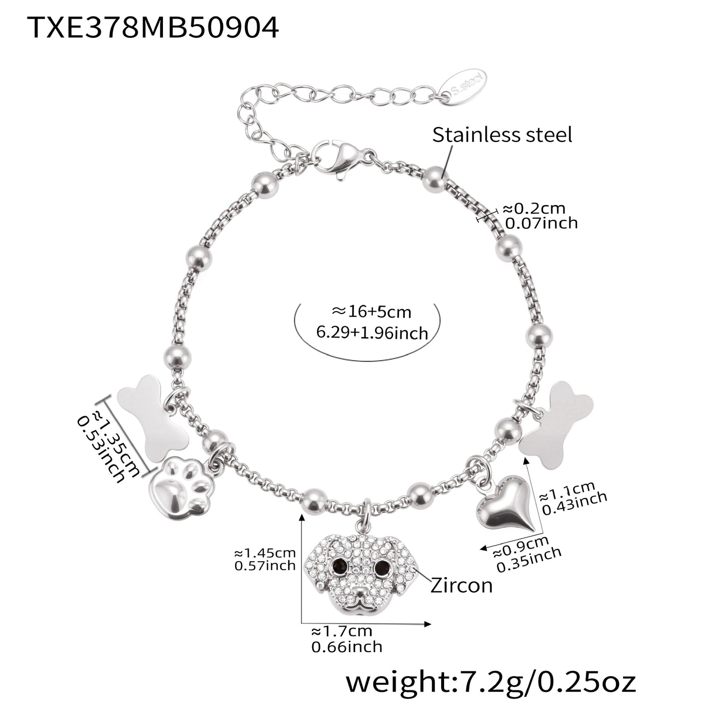 Pulsera multicolgante de acero inoxidable con diseño de hueso de diamante y circonitas para cachorros