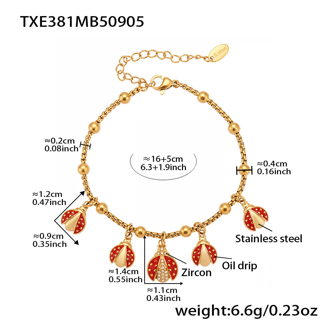 Pulsera de acero inoxidable con cuentas de clip, escarabajo rojo que brilla en el aceite y circonitas