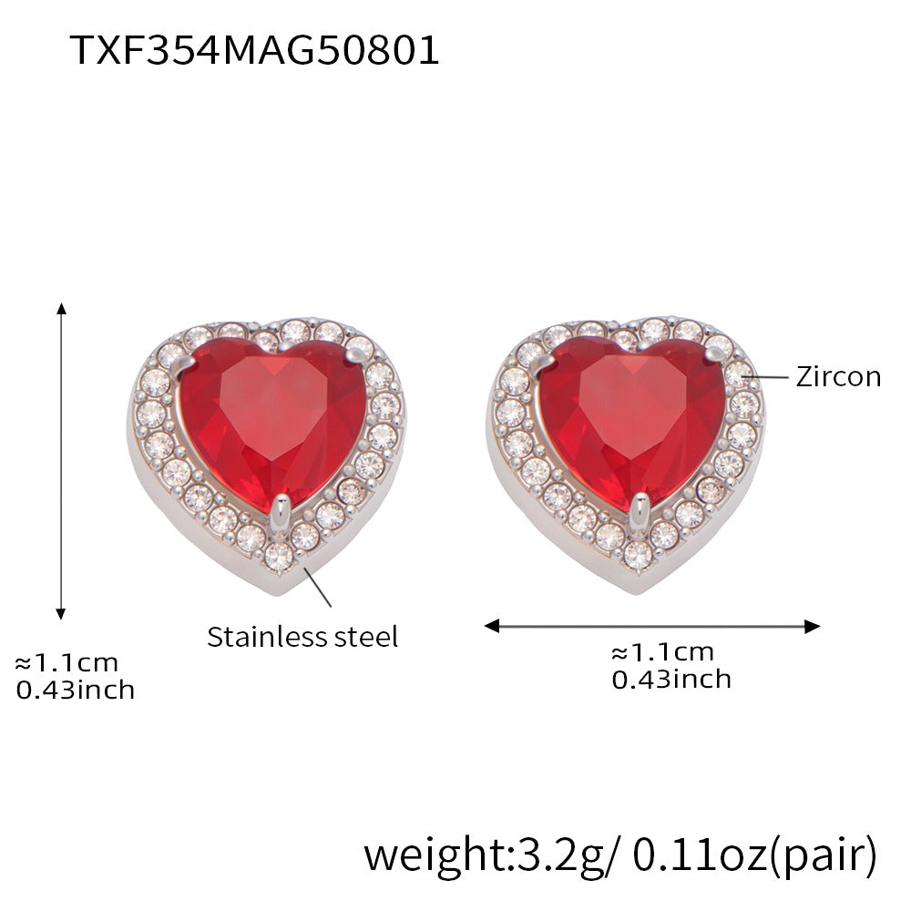 Pendientes de acero inoxidable con forma de corazón de circonita roja estrellada