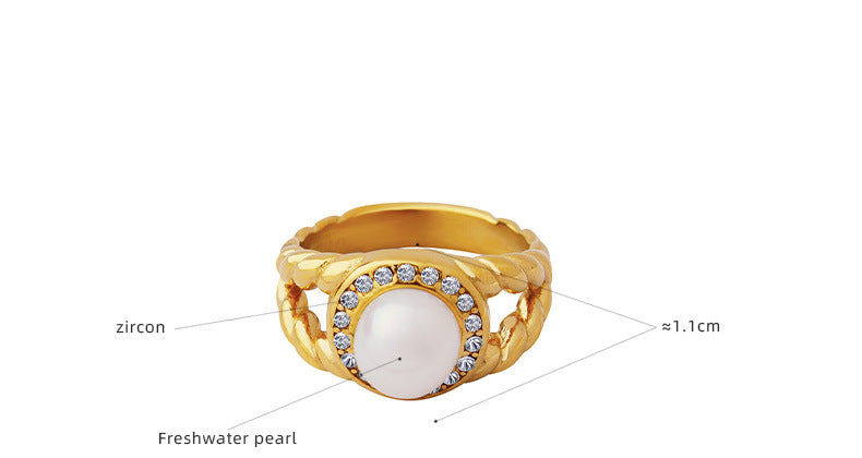 Adjustable gold ring with freshwater pearl and zircon stones – waterproof and tarnish-free