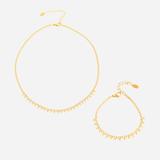 Gold beaded necklace and bracelet set with tassels – waterproof 18K stainless steel jewelry