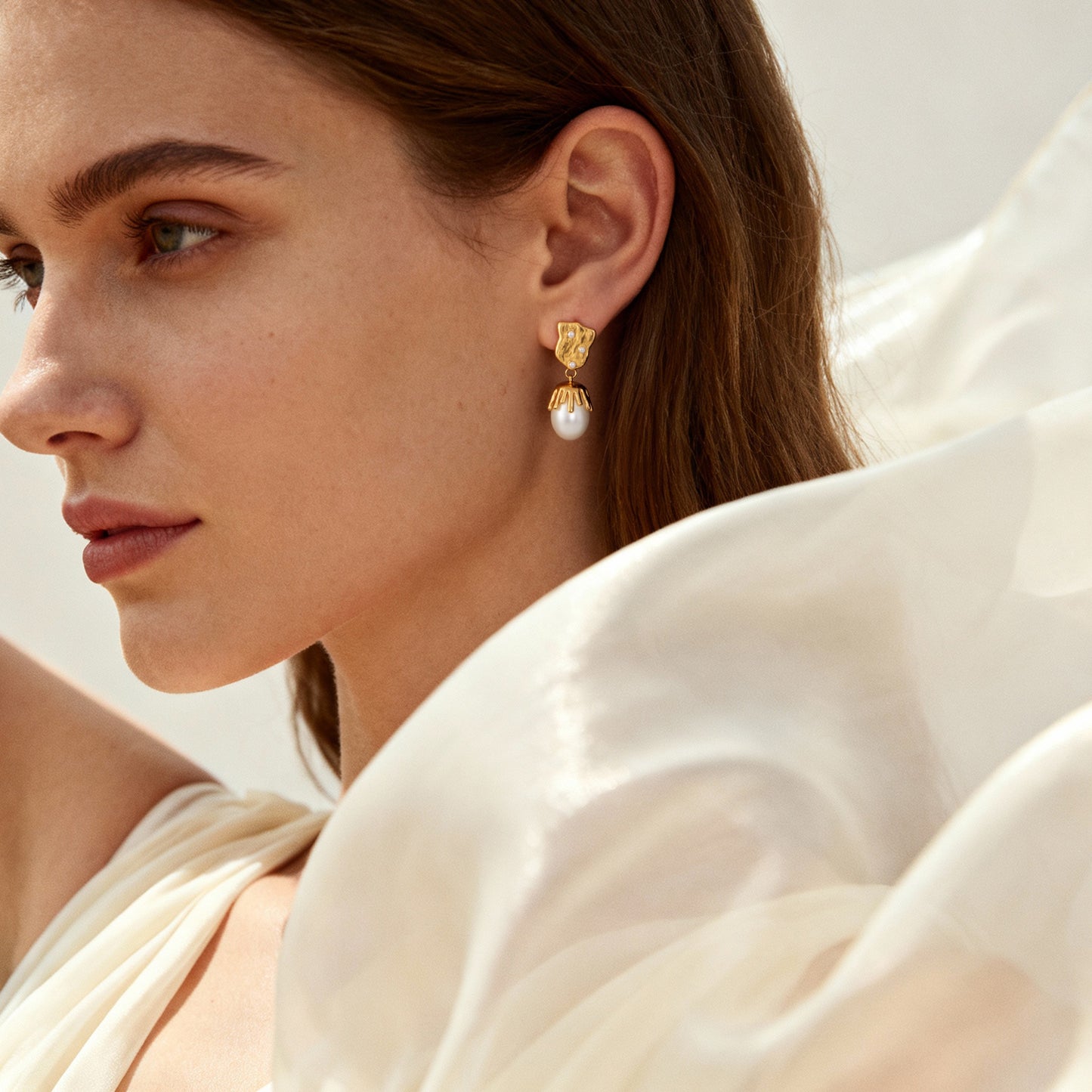 18k Real Gold Shaped Baroque Imitation Pearl Pendant Earrings