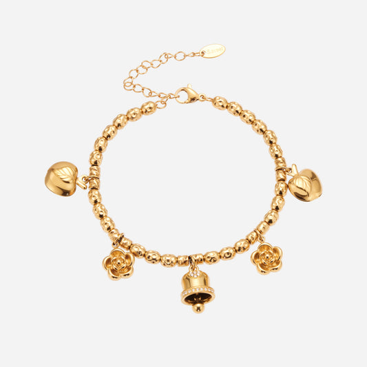 Pulsera de acero inoxidable con múltiples dijes y diseño de flor de campana vintage