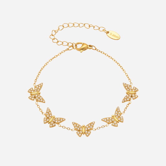 Pulsera de acero inoxidable con círculo fino y múltiples mariposas de circonio