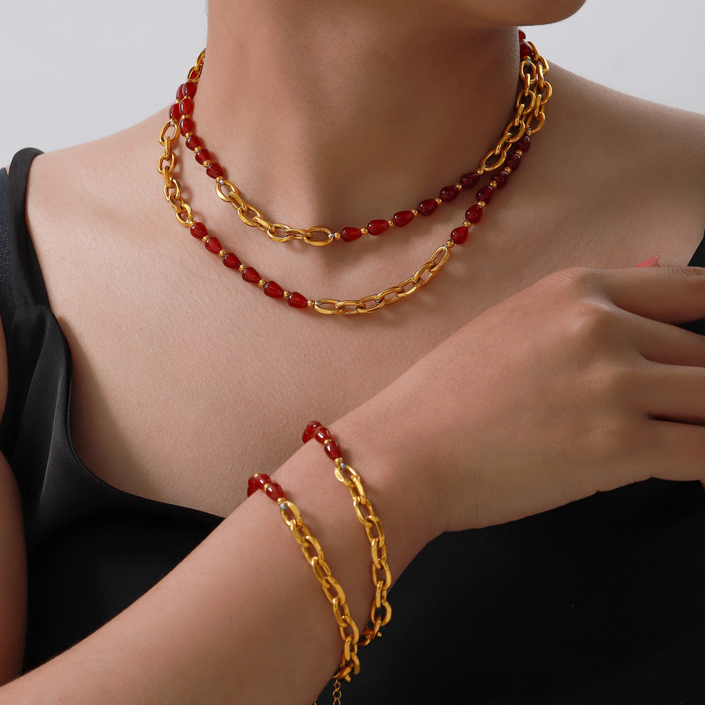 Red Agate Garnet Handmade Beaded Bracelet Gold Color