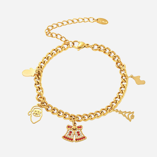 Pulsera romántica navideña de acero inoxidable con circonitas y campanas