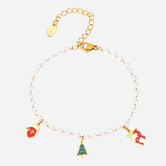 Pulsera navideña de acero inoxidable con dije de peso esmaltado y dibujos animados