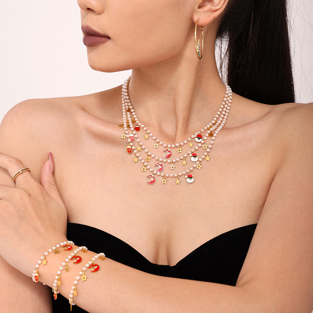 Pulsera navideña de acero inoxidable con dije de peso esmaltado y dibujos animados