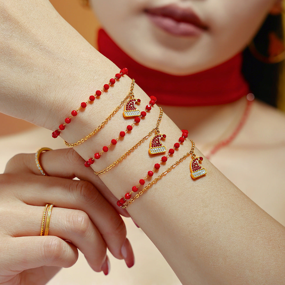 Pulseras dobles de acero inoxidable con colgante de sombrero navideño de circonita y granate