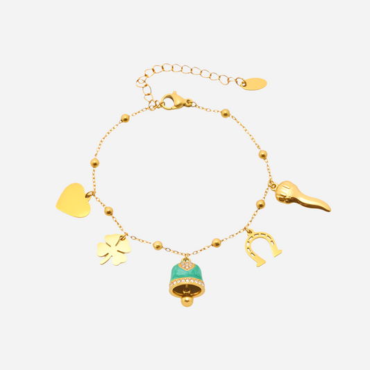 Pulsera de acero inoxidable con dije de corazón y campana de esmalte de colores
