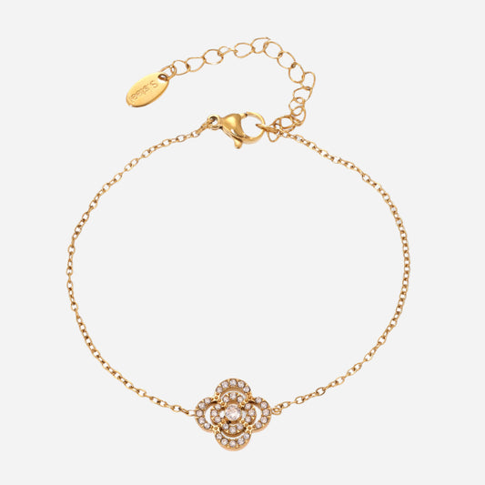Pulsera de acero inoxidable de doble capa con circonitas y estrella de cinco puntas y flores de cuatro hojas