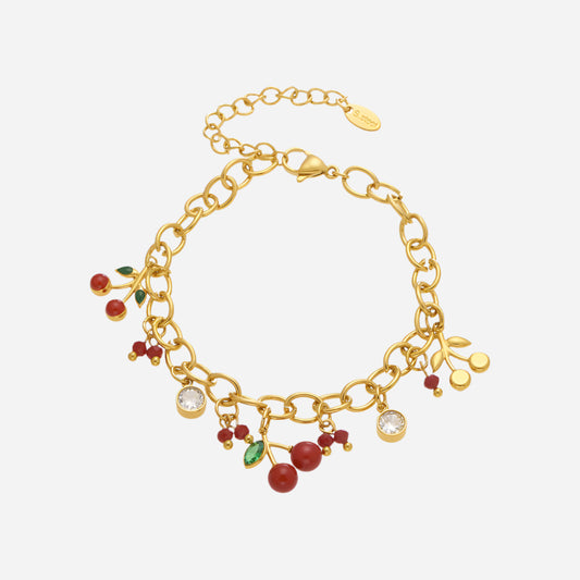 Pulsera de acero inoxidable con circonitas rojas y cerezas