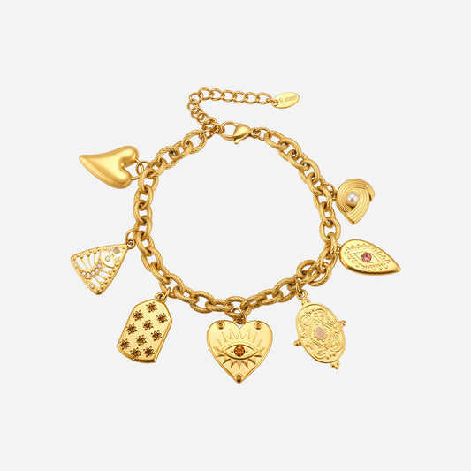Gold evil eye charm bracelet with heart and symbolic charms, waterproof stainless steel jewelry for women