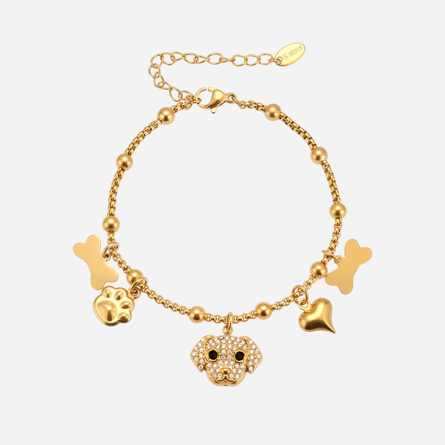 Pulsera multicolgante de acero inoxidable con diseño de hueso de diamante y circonitas para cachorros