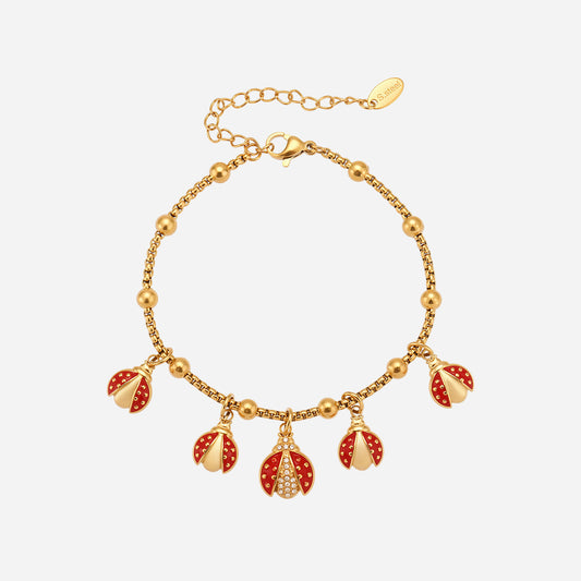 Pulsera de acero inoxidable con cuentas de clip, escarabajo rojo que brilla en el aceite y circonitas