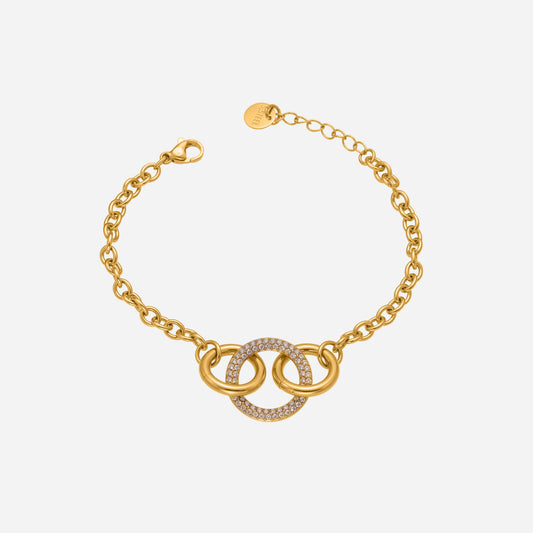 Pulsera de acero inoxidable con aros de circonita cosida a mano en color dorado