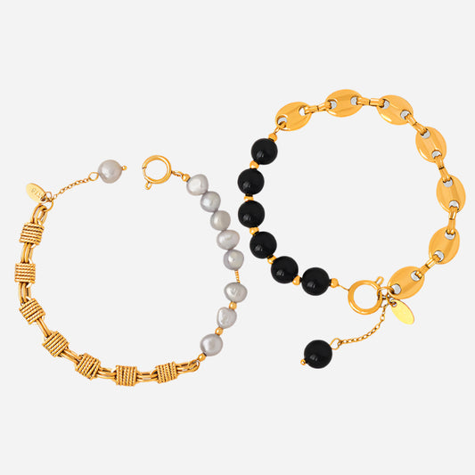 Pulsera clásica de ágata negra con cuentas de piedra natural y perlas de agua dulce hecha a mano