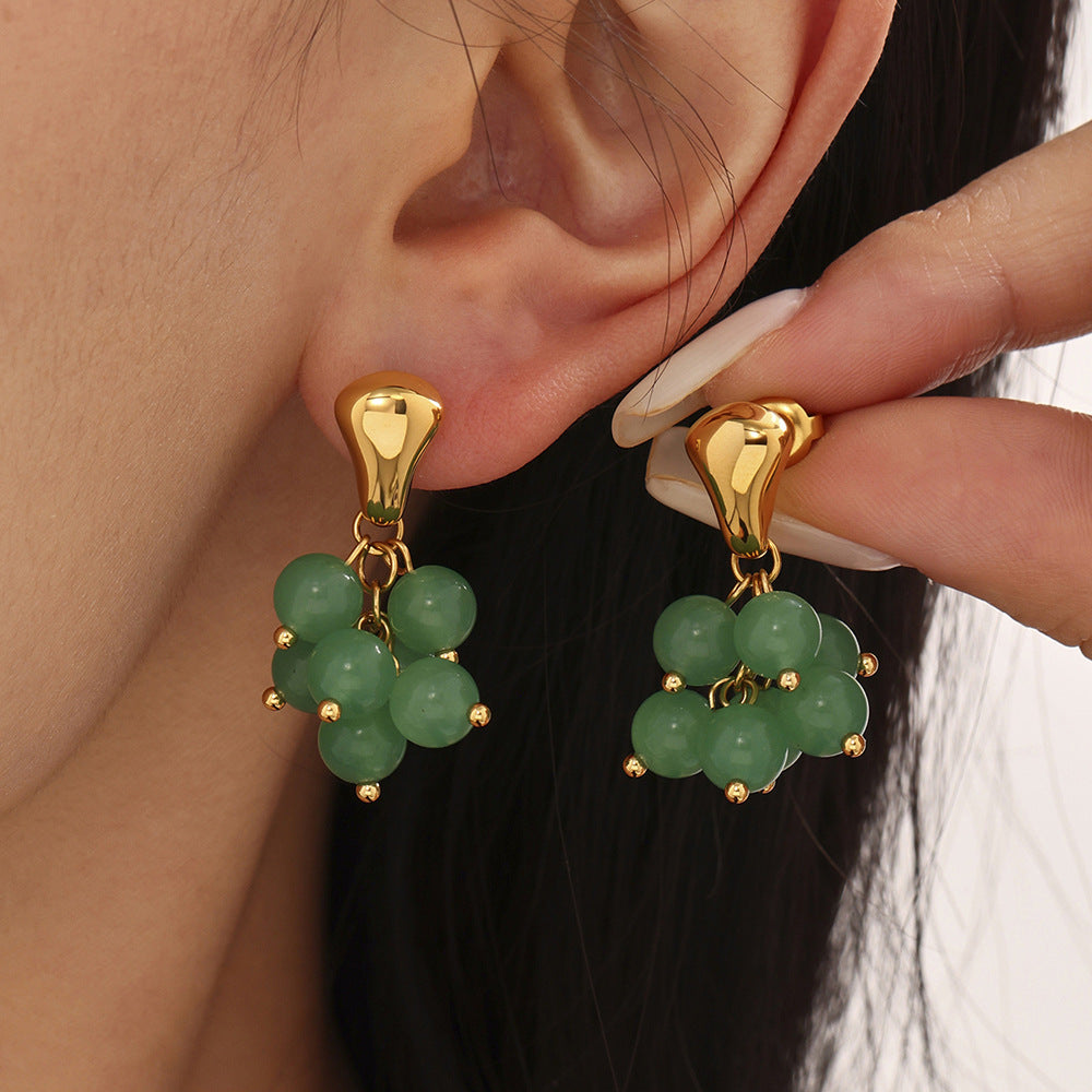 Grape Natural Stone And Pearl Earrings