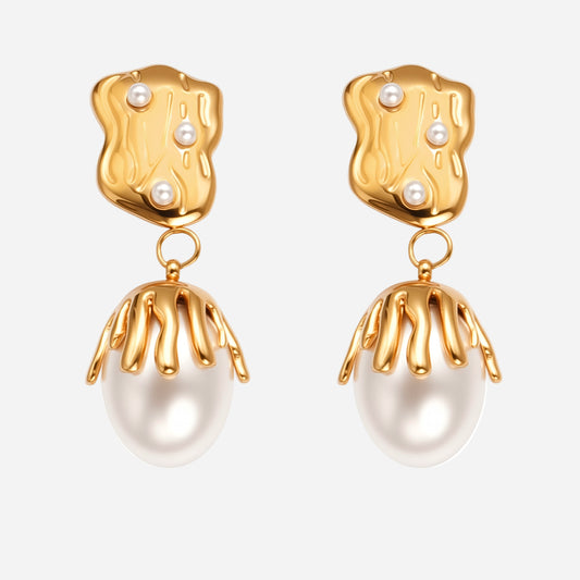 Pendientes colgantes de perla de imitación barroca en oro auténtico de 18 quilates
