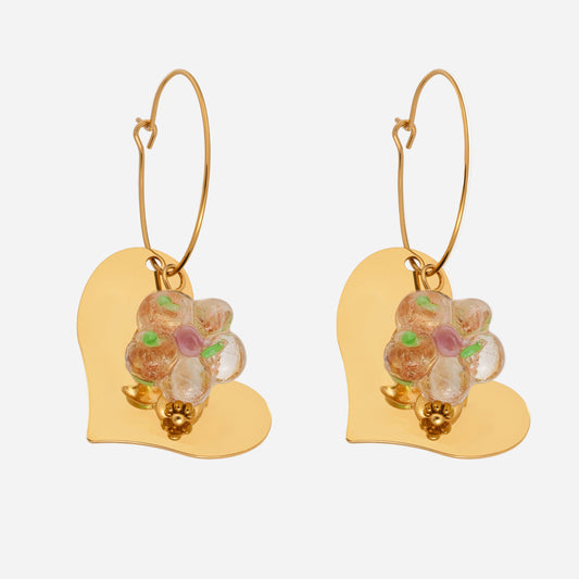 Pendientes de flor de resina con forma de corazón brillante de acero inoxidable con baño de PVD