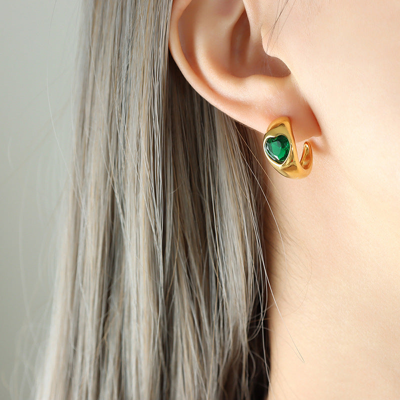 Pendientes de acero inoxidable con forma de corazón verde y blanco
