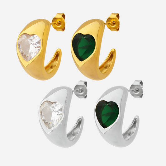 Pendientes de acero inoxidable con forma de corazón verde y blanco