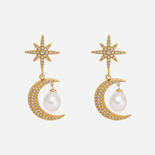 Pendientes de circonita con estrella de ocho puntas y perla de imitación