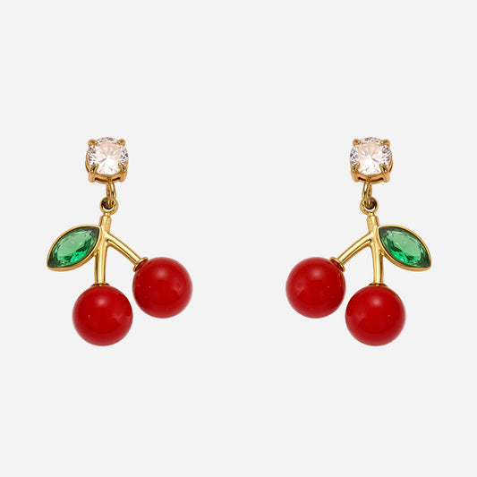 Pendientes de cereza roja con gotas de aceite y incrustaciones de circonita en acero inoxidable