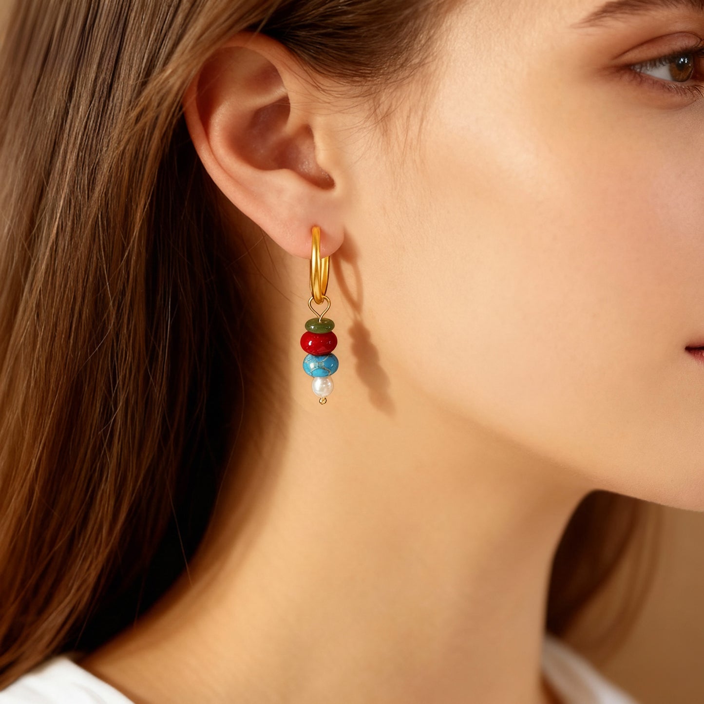 European Style Natural Stone Abacus Bead Earrings | Gold-Plated Titanium Steel