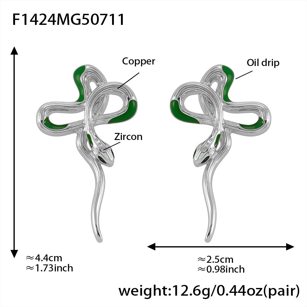 Silver earrings with green accents labeled for copper, oil drip, and zircon, with measurements and weight displayed.