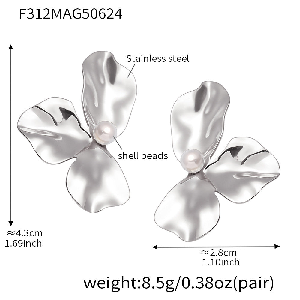 Shell Pearl Folded Petals Stainless Steel Stud Earrings