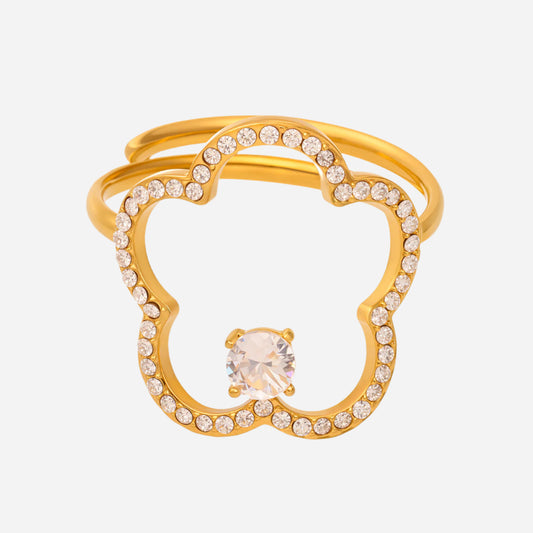 Gold open band ring with blooming floral design, imitation pearl, and cubic zirconia accents