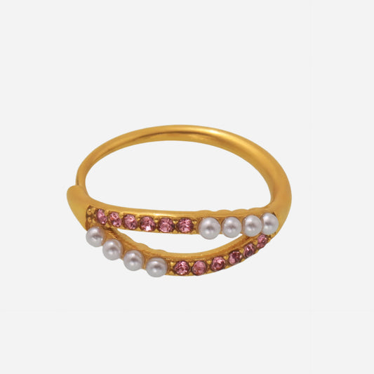 Gold stainless steel open pearl ring with zirconia accents on white background
