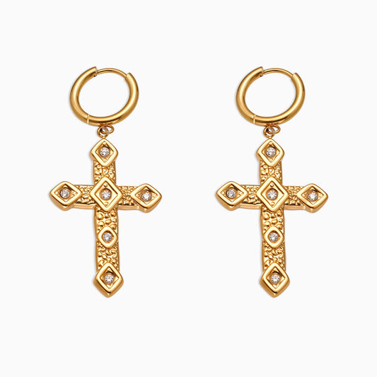 Pendientes de circonita microincrustada con cruz texturizada retro