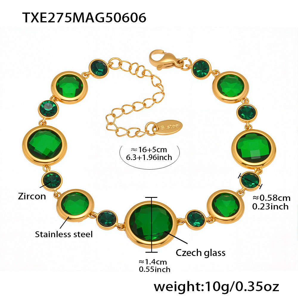 Green sea glass bracelet with gold chain and size details

