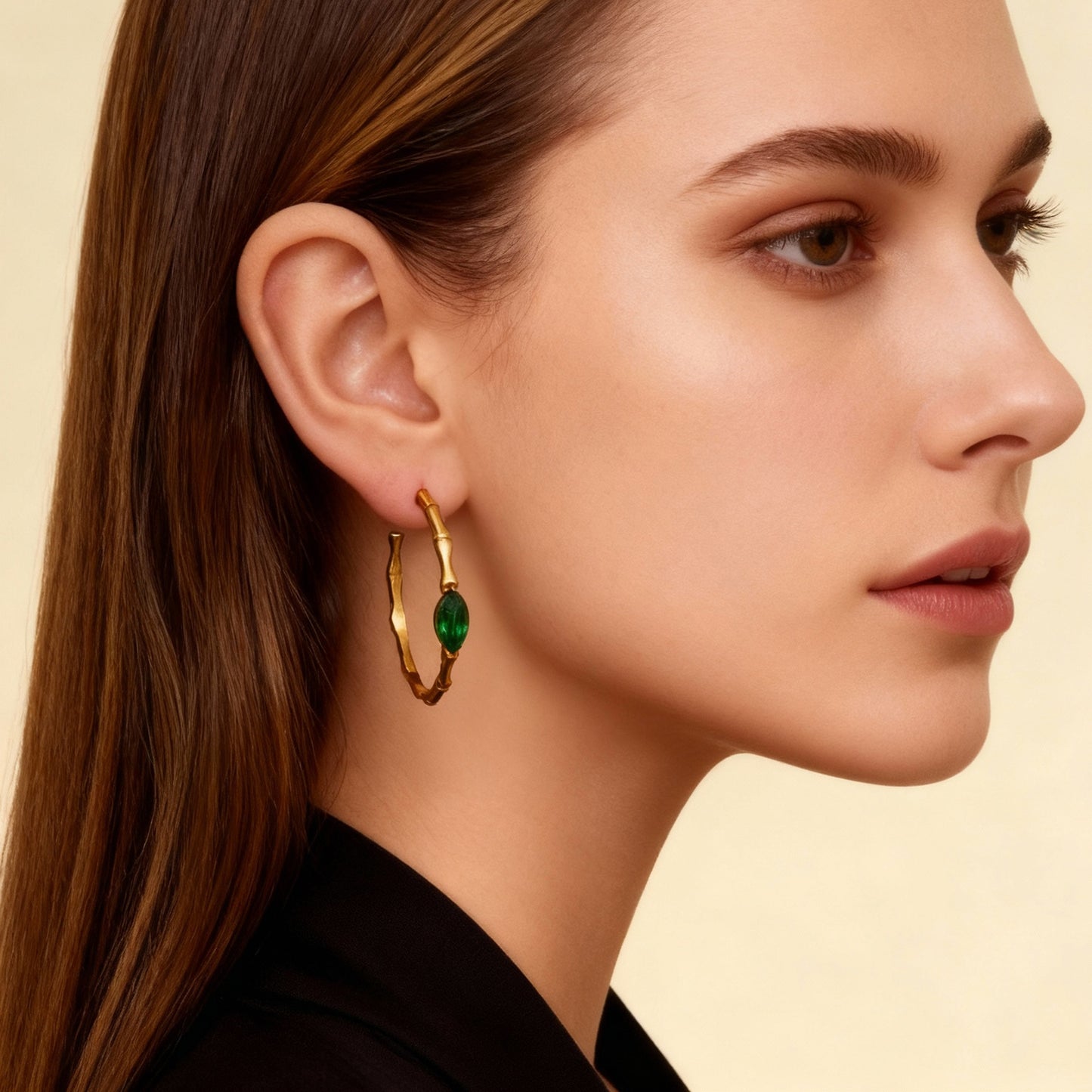 Green Glass Bamboo Hoop Earrings | 18K Gold Stainless Steel Opal-Inspired Hoops