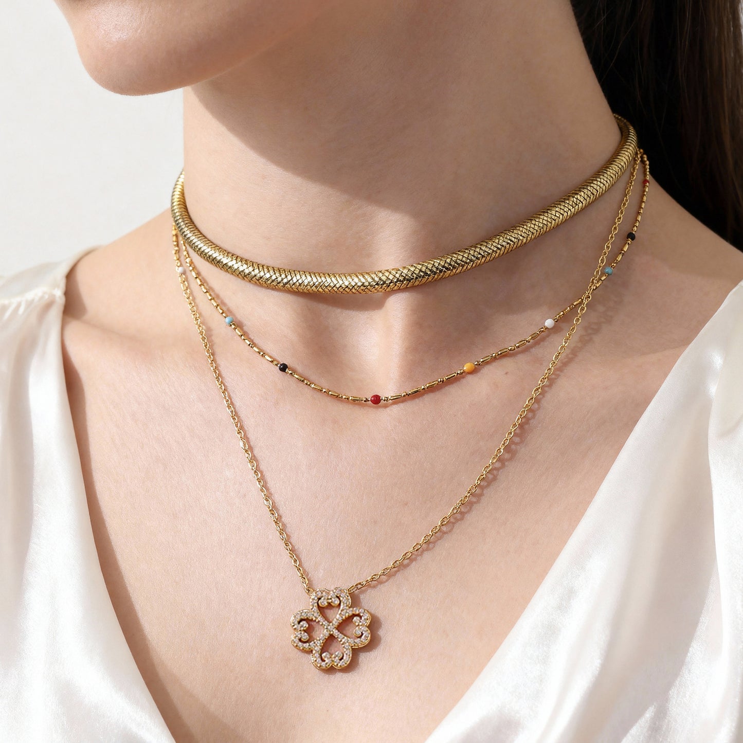 Heart & Four Leaf Clover Charm Necklace | Lucky Stainless Steel