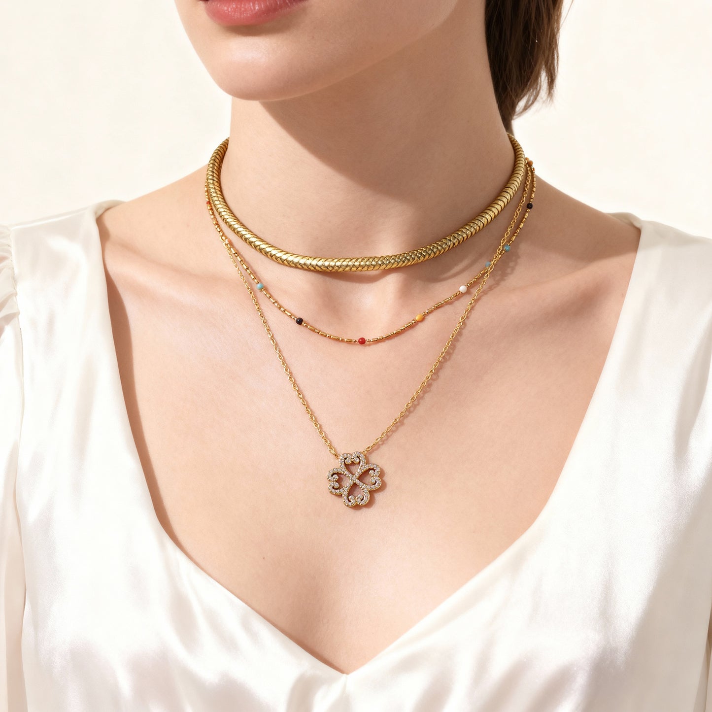 Heart & Four Leaf Clover Charm Necklace | Lucky Stainless Steel