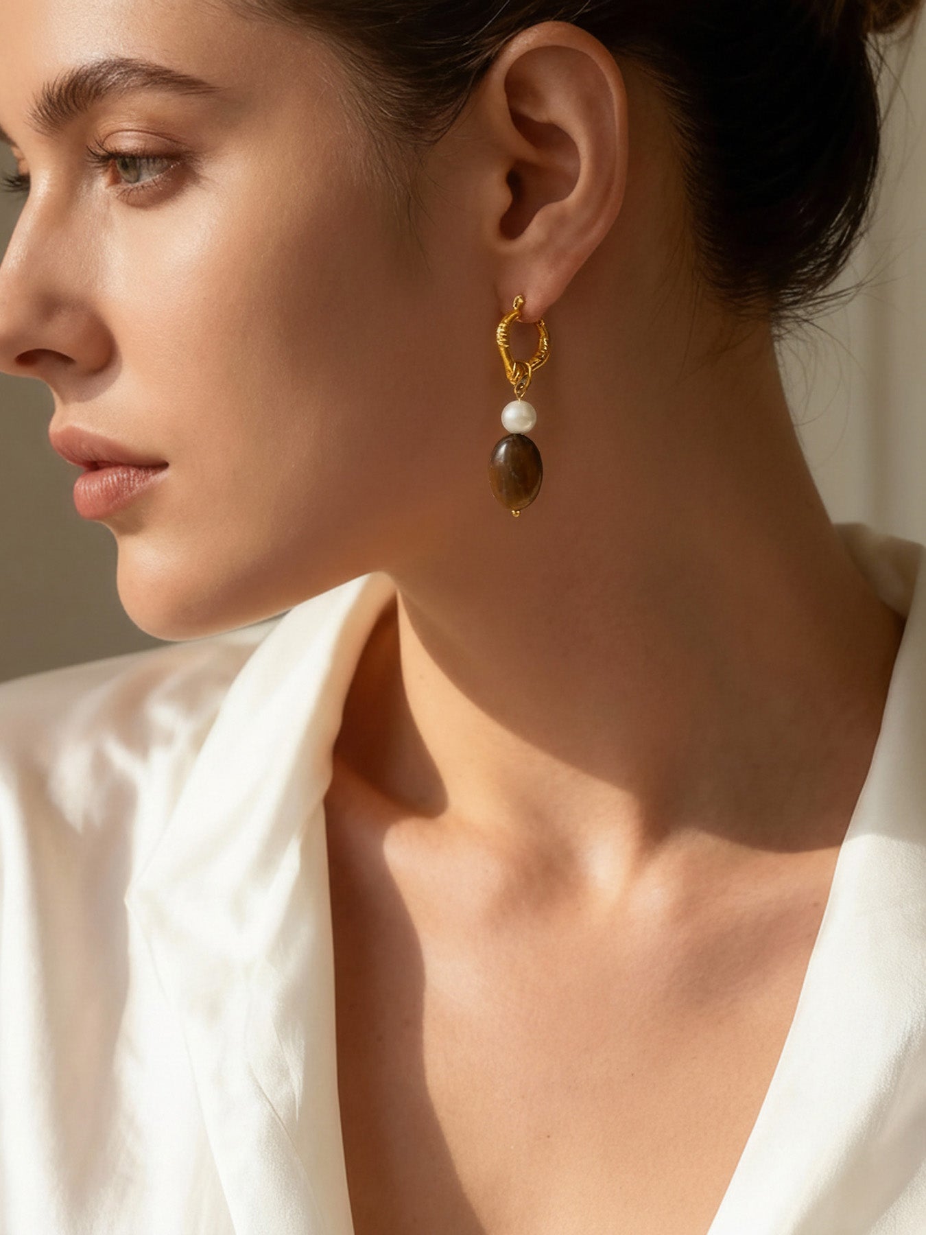 Heart Tassel Imitation Pearl Tiger Eye Stone Earrings Stainless Steel