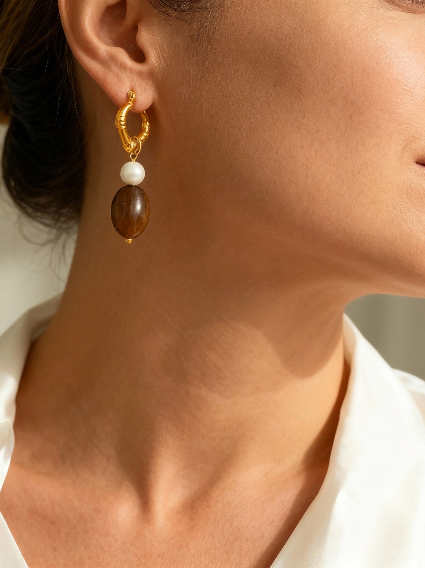 Heart Tassel Imitation Pearl Tiger Eye Stone Earrings Stainless Steel