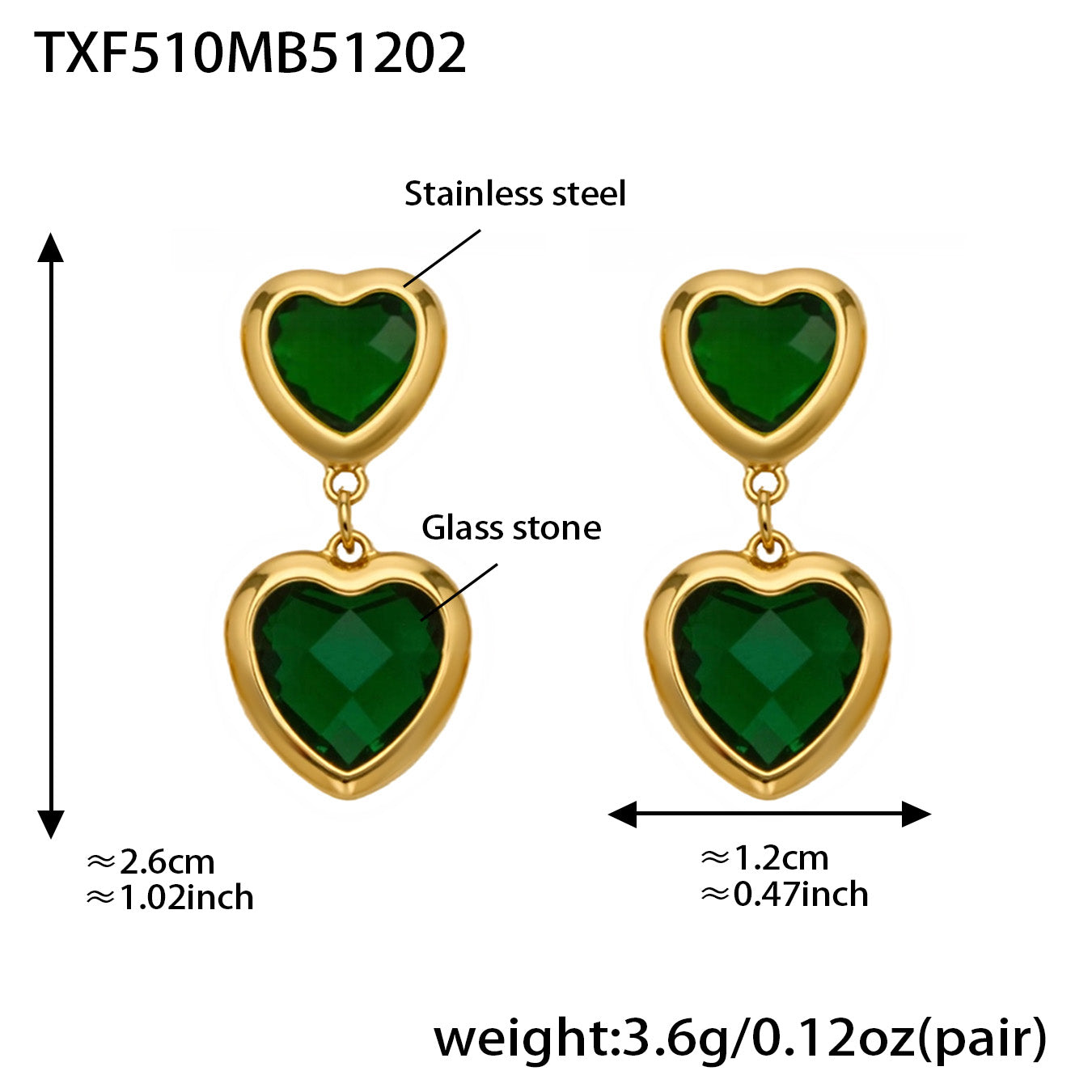 Sea Glass Heart Duo Stainless Steel Earrings